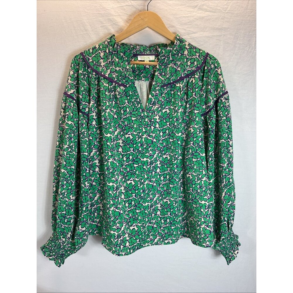 Green Floral Long-Sleeve Blouse with Smocked Cuffs